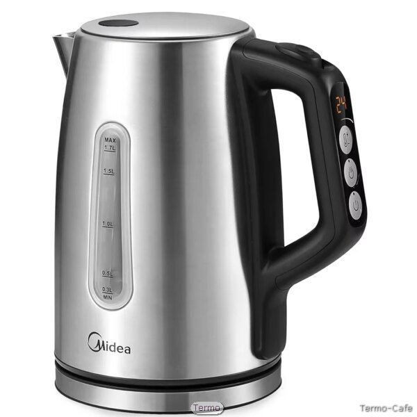 Hervidor de agua Midea de 1.7L con ajuste de temperatura y ventana de visión, ideal para preparar infusiones y café con precisión.