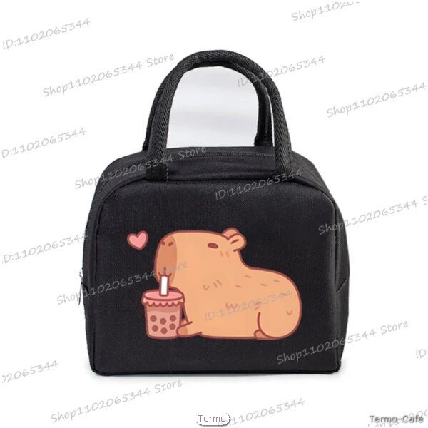 Bolsas de almuerzo aisladas con estampado de té de capybara, ideales para llevar al trabajo o a la escuela, con diseño colorido y funcionalidad práctica.