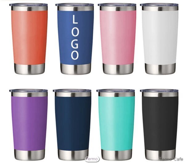 Vaso de viaje doble pared de acero inoxidable con tapa y asa, ideal para mantener café y bebidas calientes, con diseño moderno y funcional.