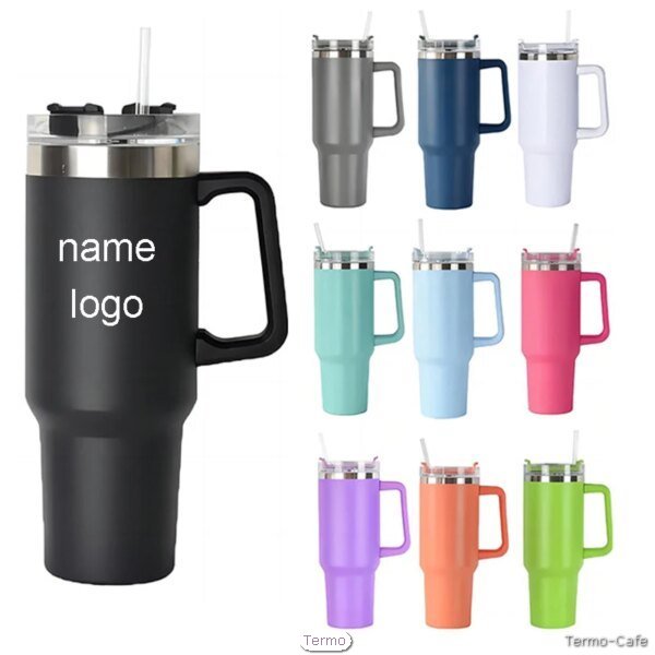 Termo personalizado con nombre y logotipo, asa XL y tapa con pajita, disponible en varios colores mate, ideal para regalo personalizado o uso diario