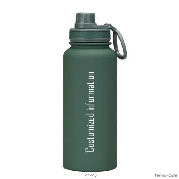 Botella térmica personalizable de 1 litro en color verde con texto corporativo grabado, ideal para merchandising o regalos de empresa