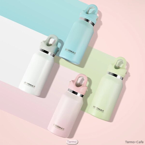 Botella térmica REVOmax original con tapa sin rosca y apertura rápida, diseño pastel personalizable mediante grabado láser, ideal para deporte y oficina
