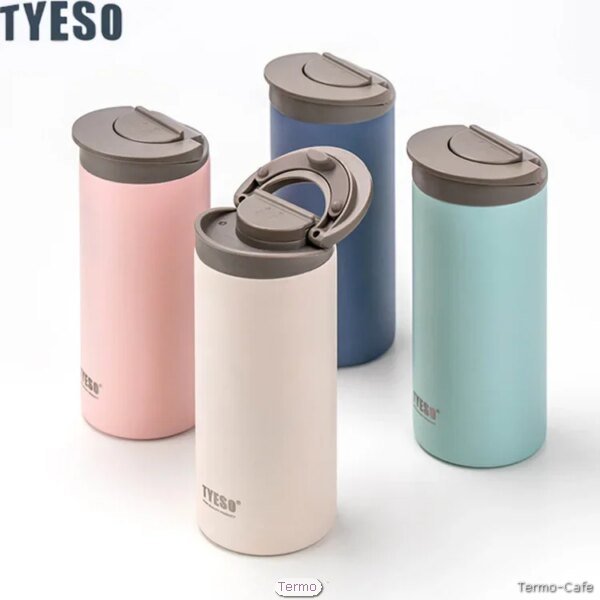 Termo de café TYESO 500ml slim en colores pastel con tapa hermética antifugas, ideal para llevar café caliente al trabajo o de viaje.