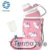 Botella térmica infantil rosa con diseño de unicornios, pico ergonómico, cepillo de limpieza y correa, ideal para niñas y escolares