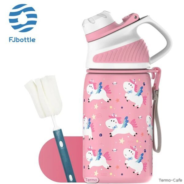 Botella térmica infantil rosa con diseño de unicornios, pico ergonómico, cepillo de limpieza y correa, ideal para niñas y escolares